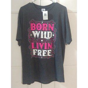 Born Wild Livin' Free Womens Pink & Gray T-Shirt Tee Size Large BRAND NEW w/tags